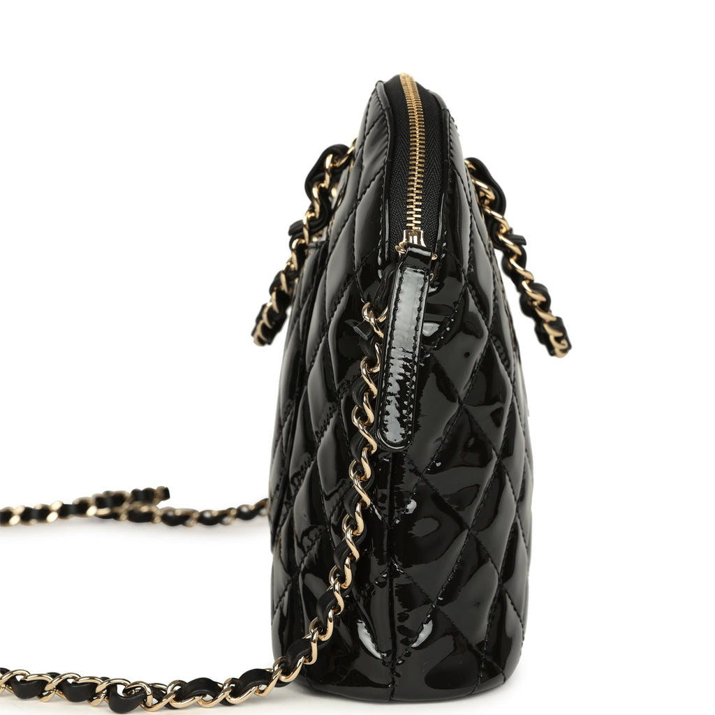 Top Handle Shopping Bag Black Patent Leather Gold Hardware