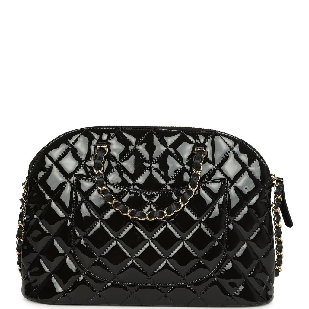 Top Handle Shopping Bag Black Patent Leather Gold Hardware