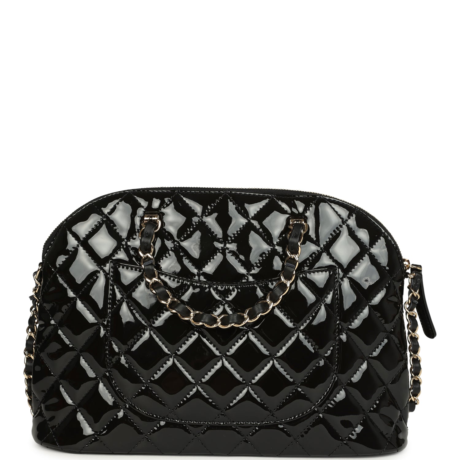 Top Handle Shopping Bag Black Patent Leather Gold Hardware