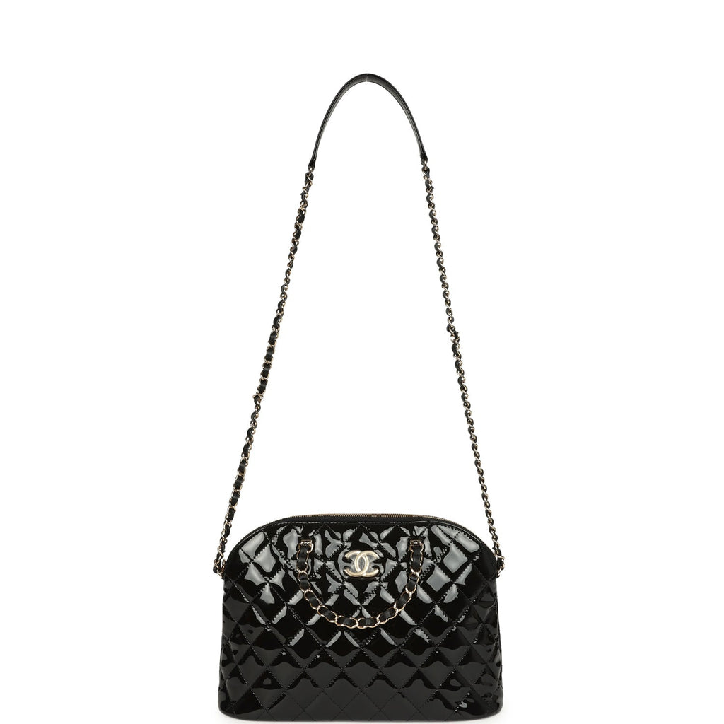 Top Handle Shopping Bag Black Patent Leather Gold Hardware