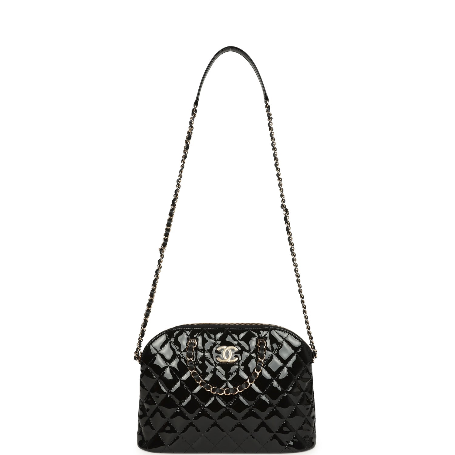 Top Handle Shopping Bag Black Patent Leather Gold Hardware