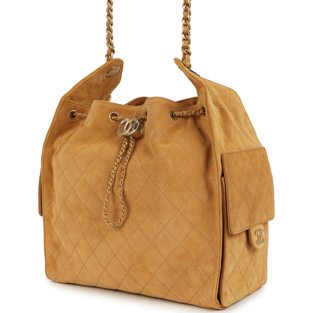 Chanel Medium 25 Hobo Bag Beige Suede Antique Gold Hardware