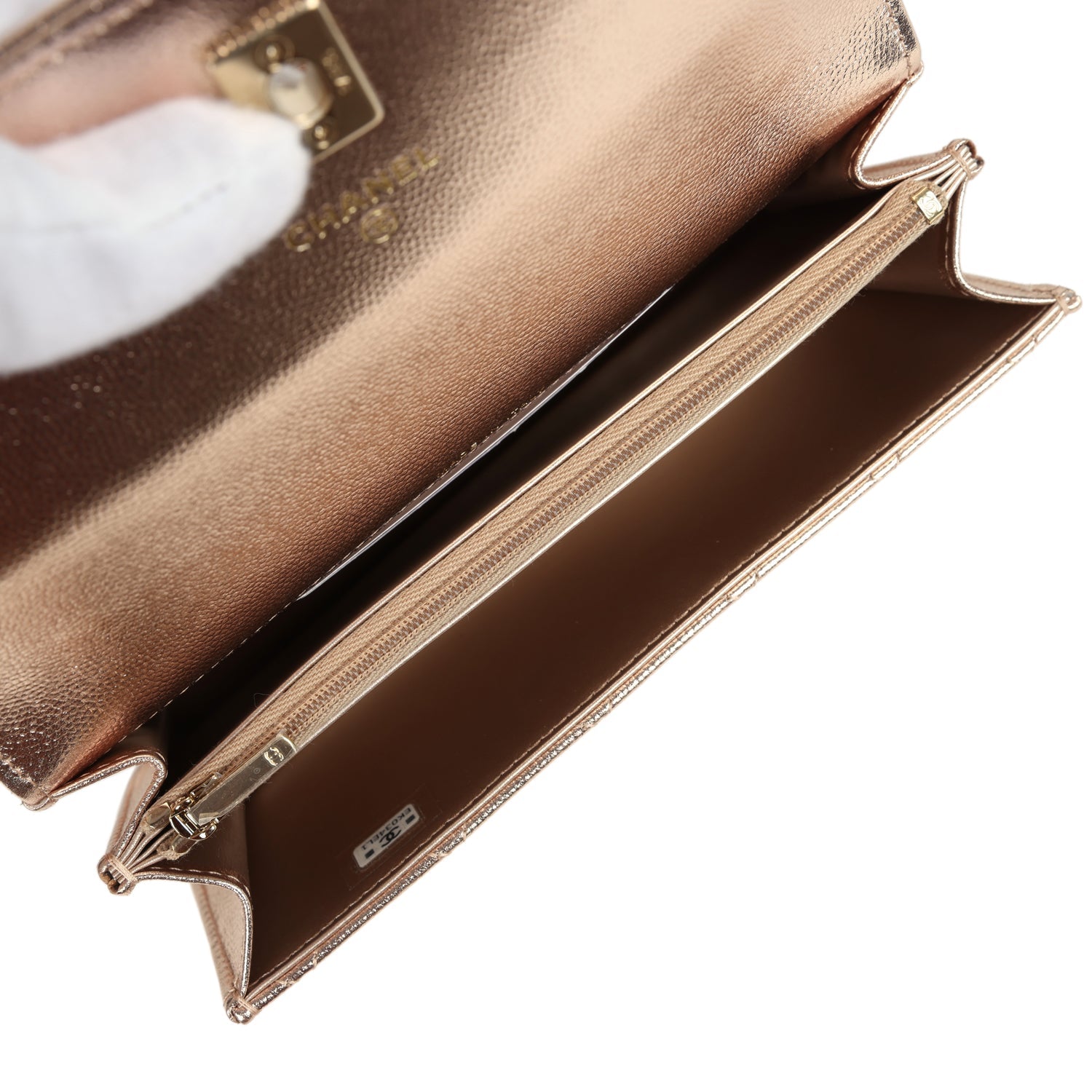Top Handle Wallet On Chain WOC Metallic Copper Shiny Caviar Light Gold Hardware
