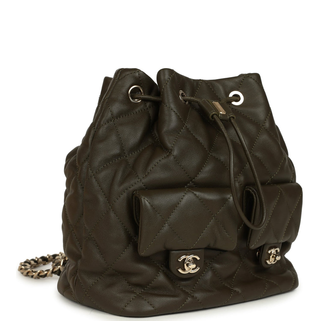 Mini Duma Drawstring Backpack Khaki Lambskin Light Gold Hardware