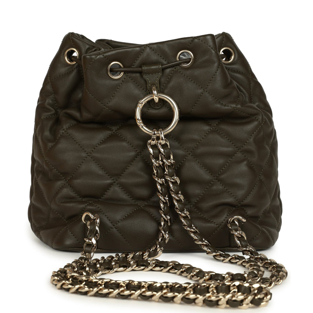 Mini Duma Drawstring Backpack Khaki Lambskin Light Gold Hardware
