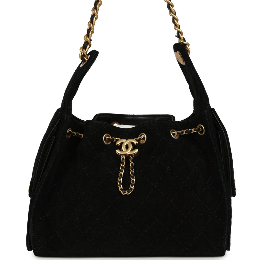 Small 25 Hobo Bag Black Suede Antique Gold Hardware