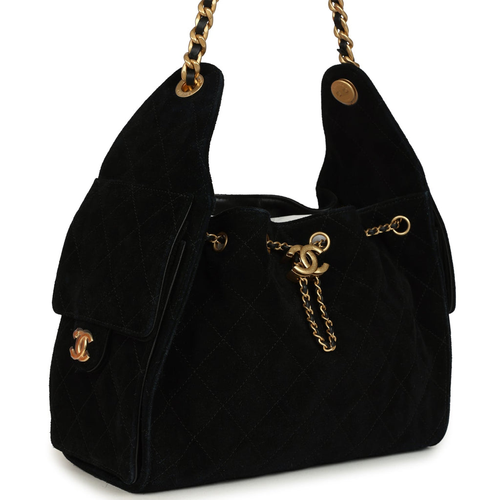 Small 25 Hobo Bag Black Suede Antique Gold Hardware