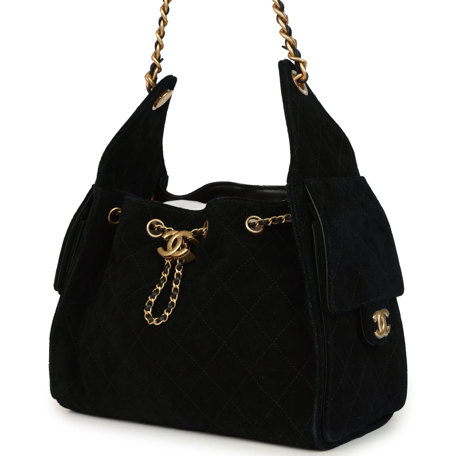 Small 25 Hobo Bag Black Suede Antique Gold Hardware