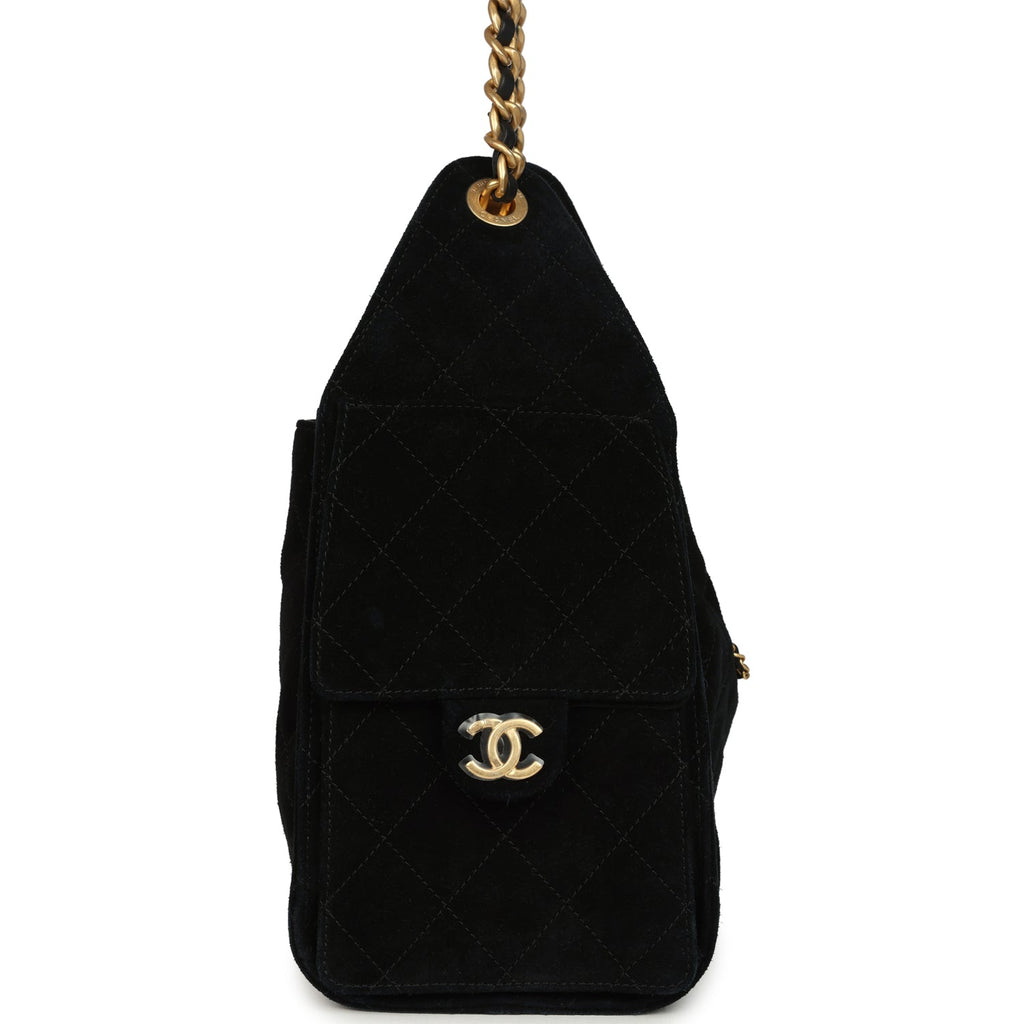 Small 25 Hobo Bag Black Suede Antique Gold Hardware