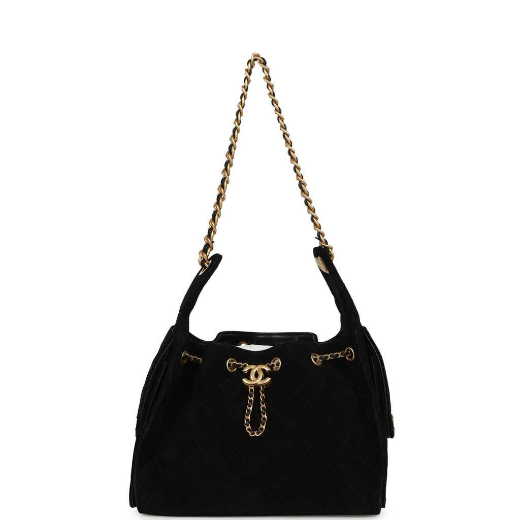 Small 25 Hobo Bag Black Suede Antique Gold Hardware