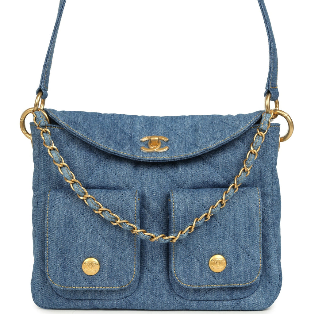 Small Supple Twins Hobo Bag Light Blue Denim Brushed Gold Hardware
