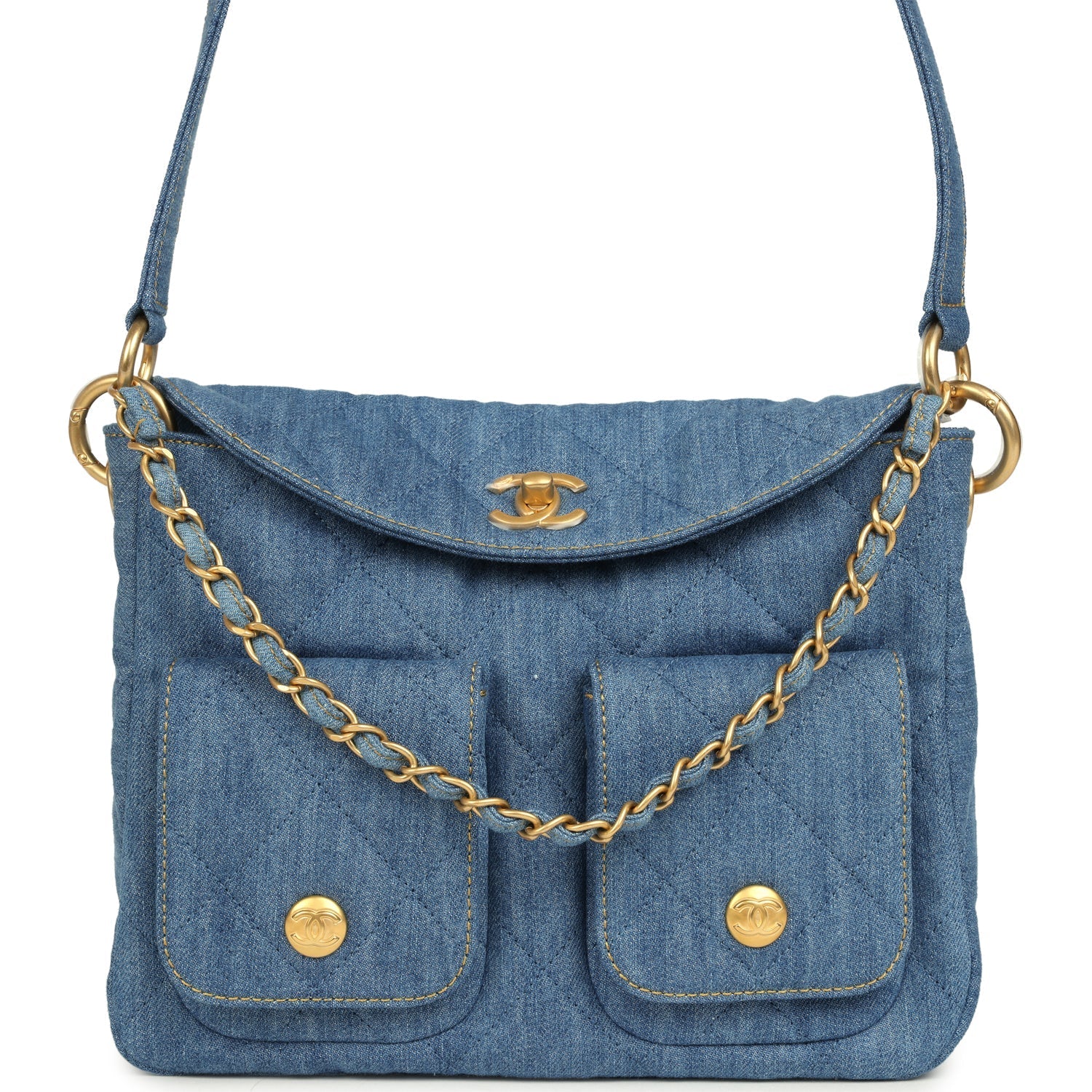 Small Supple Twins Hobo Bag Light Blue Denim Brushed Gold Hardware