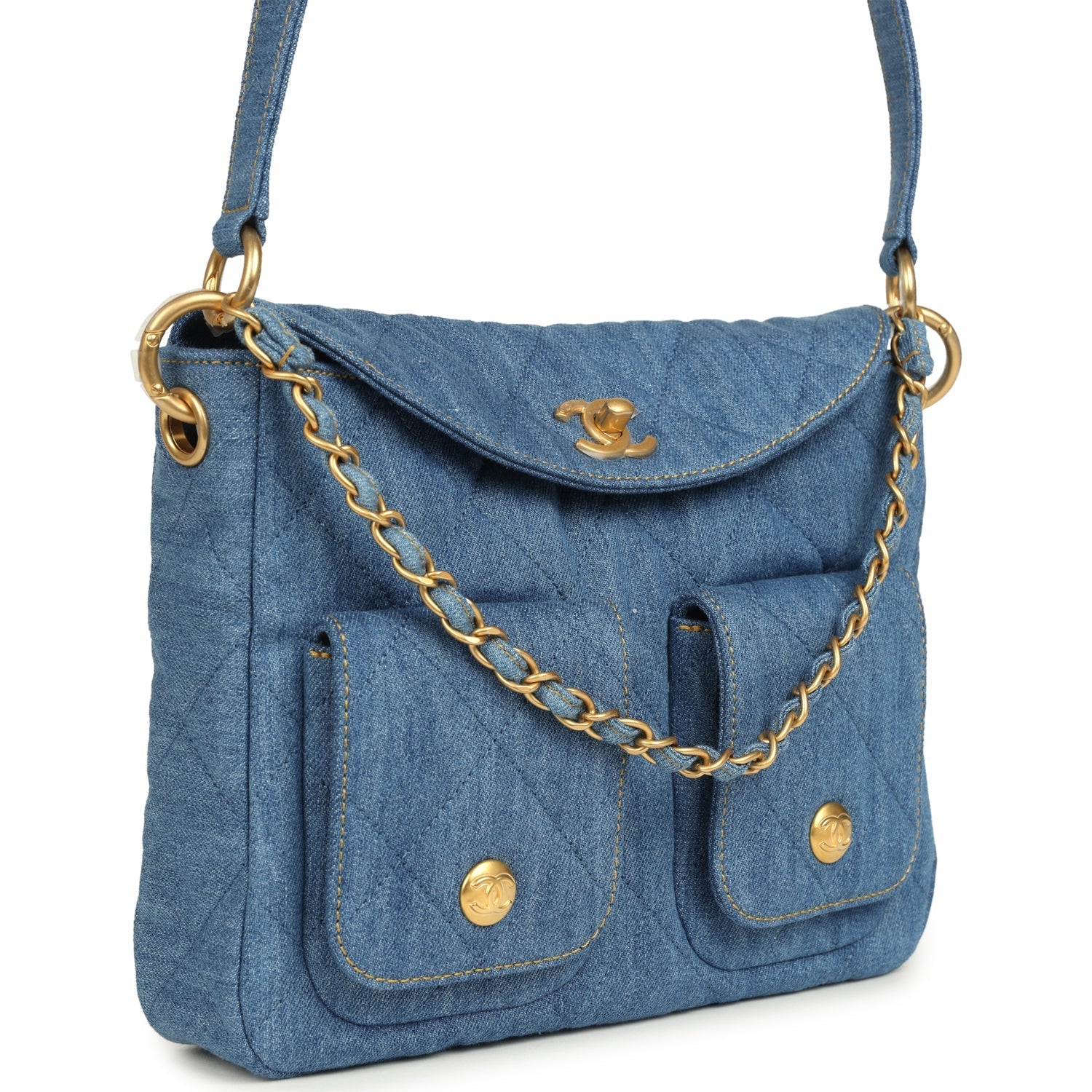 Small Supple Twins Hobo Bag Light Blue Denim Brushed Gold Hardware