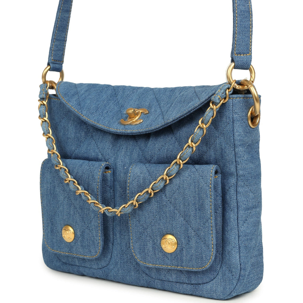 Small Supple Twins Hobo Bag Light Blue Denim Brushed Gold Hardware