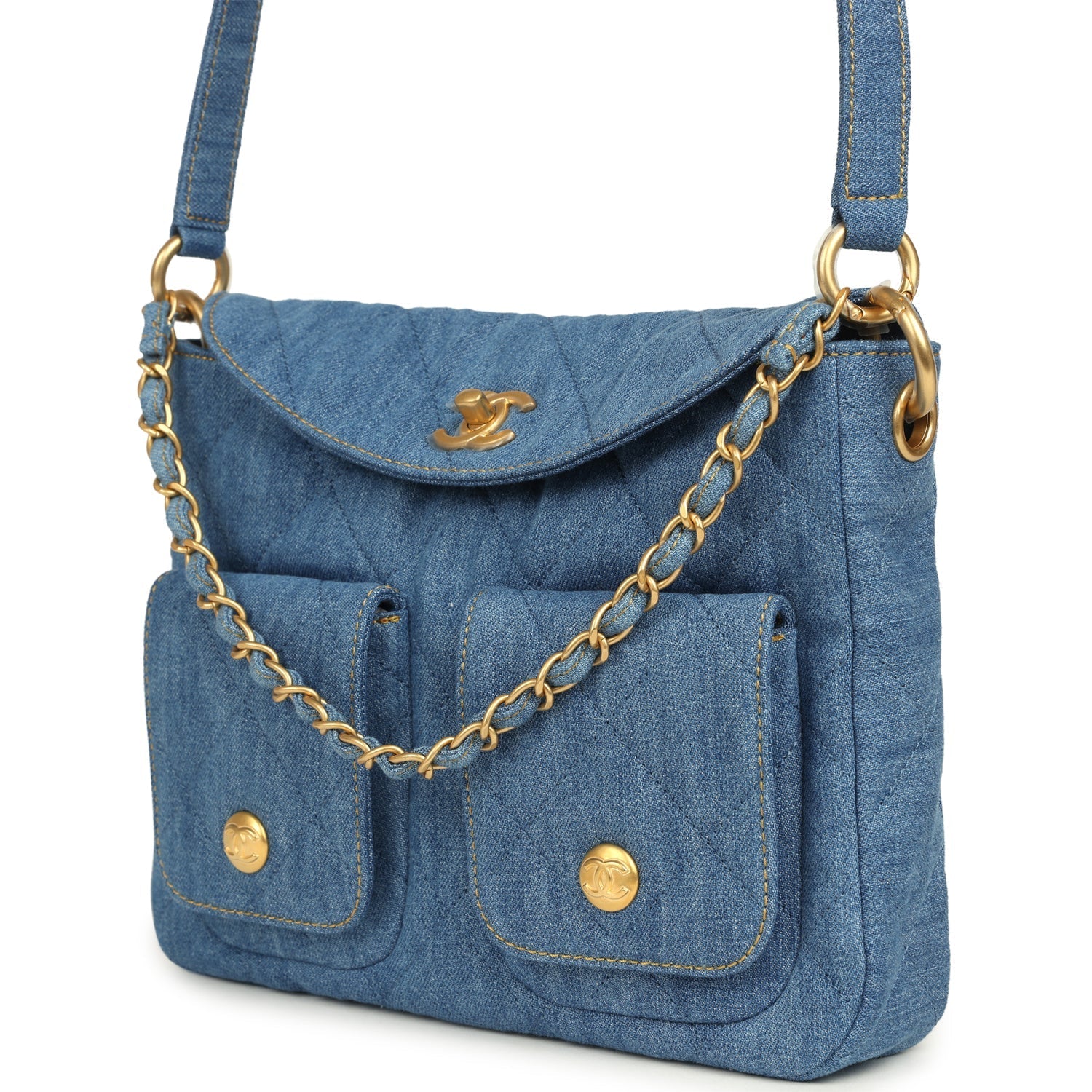 Small Supple Twins Hobo Bag Light Blue Denim Brushed Gold Hardware