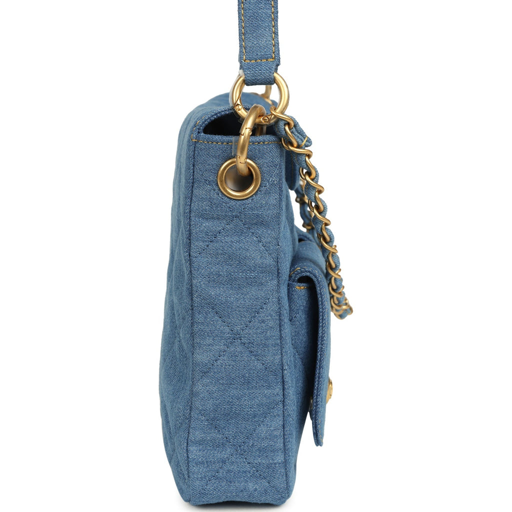 Small Supple Twins Hobo Bag Light Blue Denim Brushed Gold Hardware