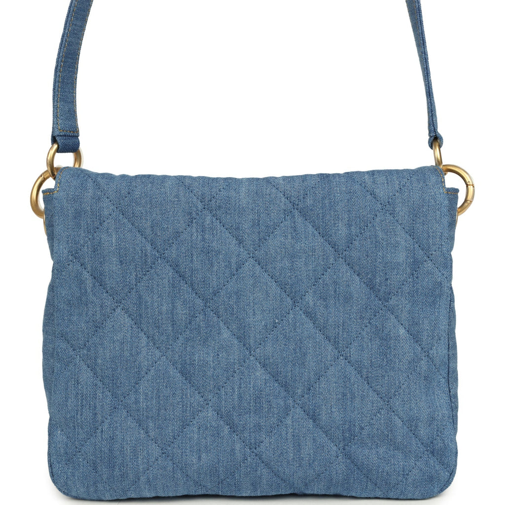 Small Supple Twins Hobo Bag Light Blue Denim Brushed Gold Hardware