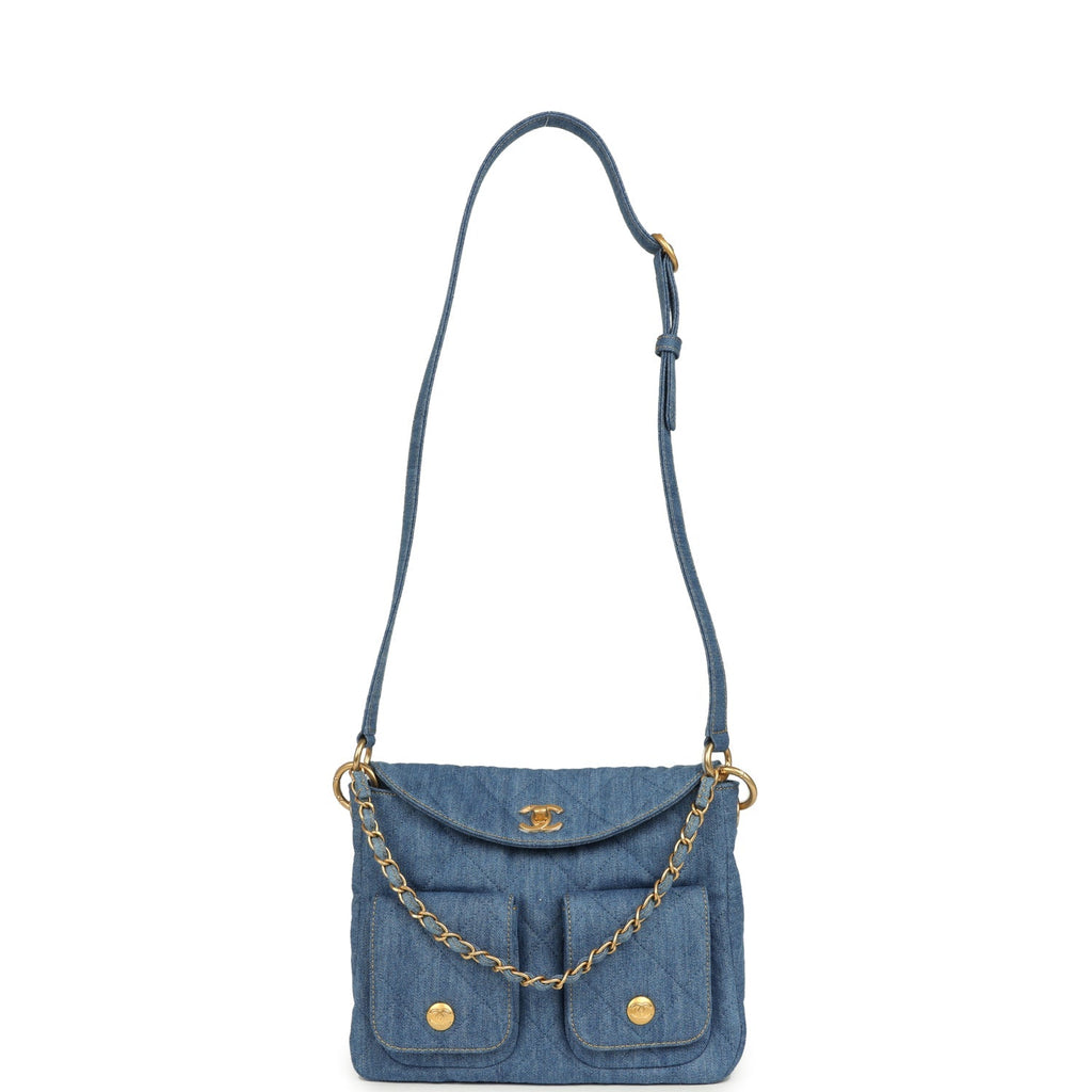 Small Supple Twins Hobo Bag Light Blue Denim Brushed Gold Hardware