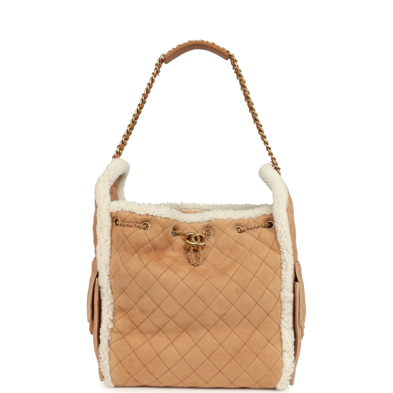 Medium 25 Hobo Bag Beige Suede and White Shearling Antique Gold Hardware