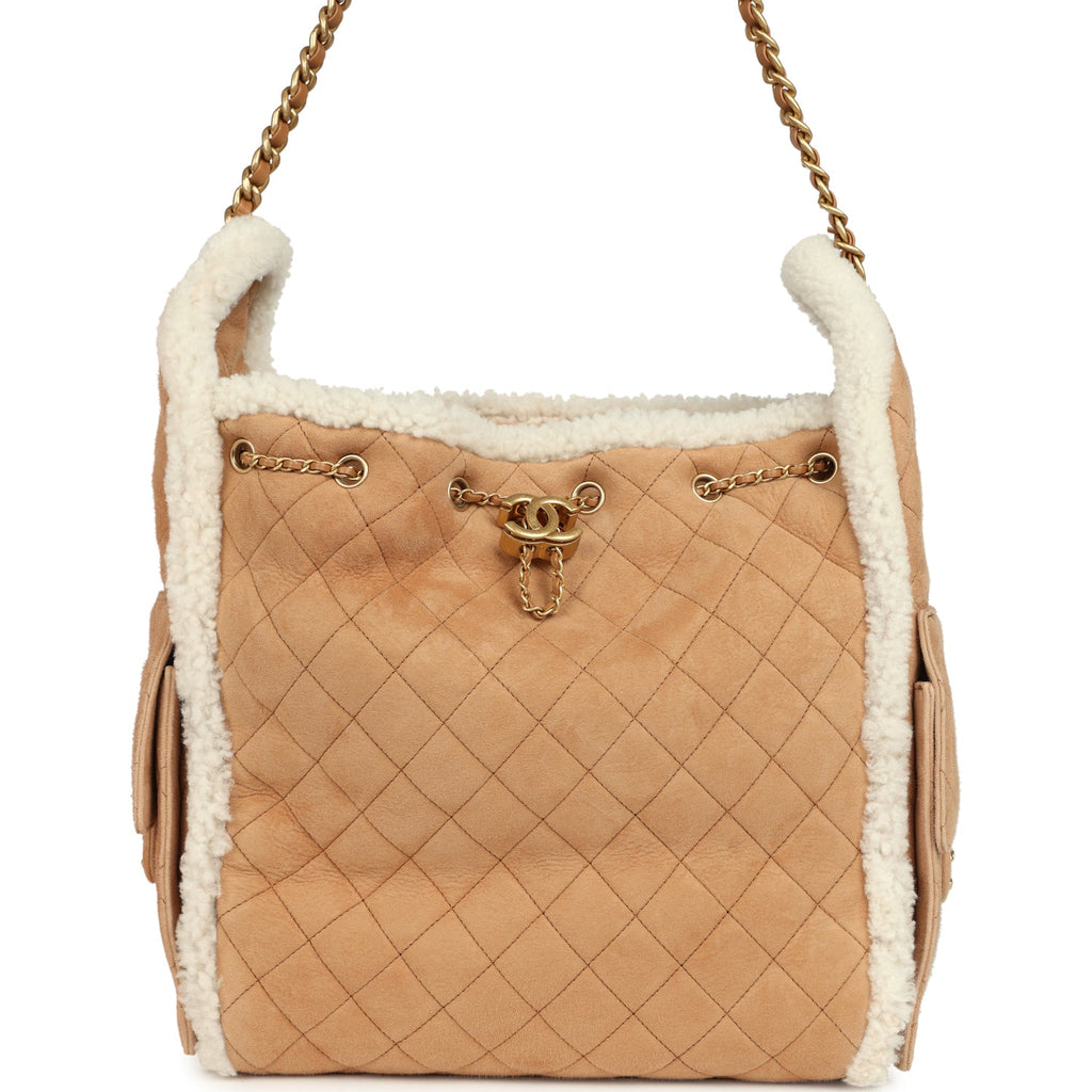 Medium 25 Hobo Bag Beige Suede and White Shearling Antique Gold Hardware