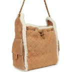 Medium 25 Hobo Bag Beige Suede and White Shearling Antique Gold Hardware