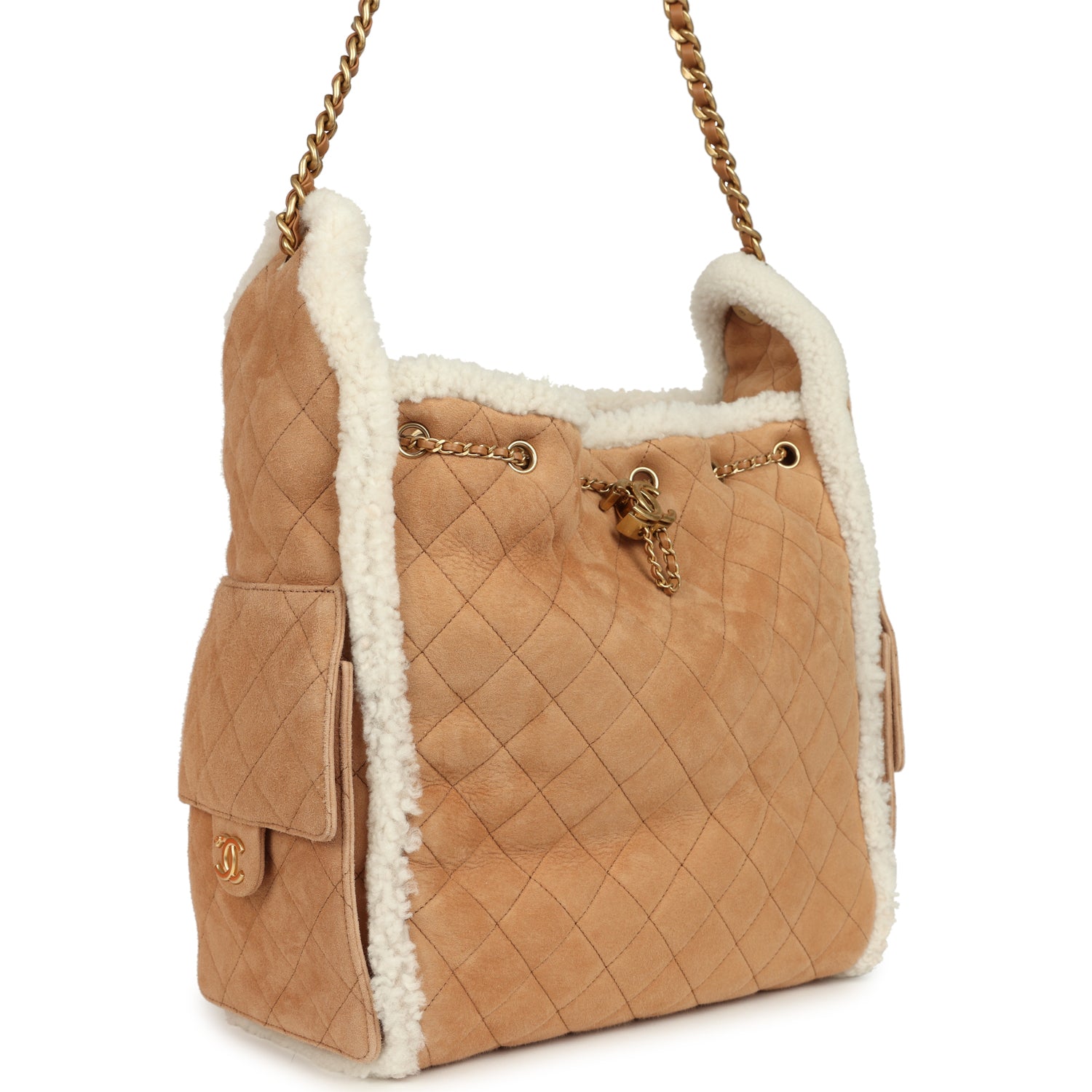 Medium 25 Hobo Bag Beige Suede and White Shearling Antique Gold Hardware