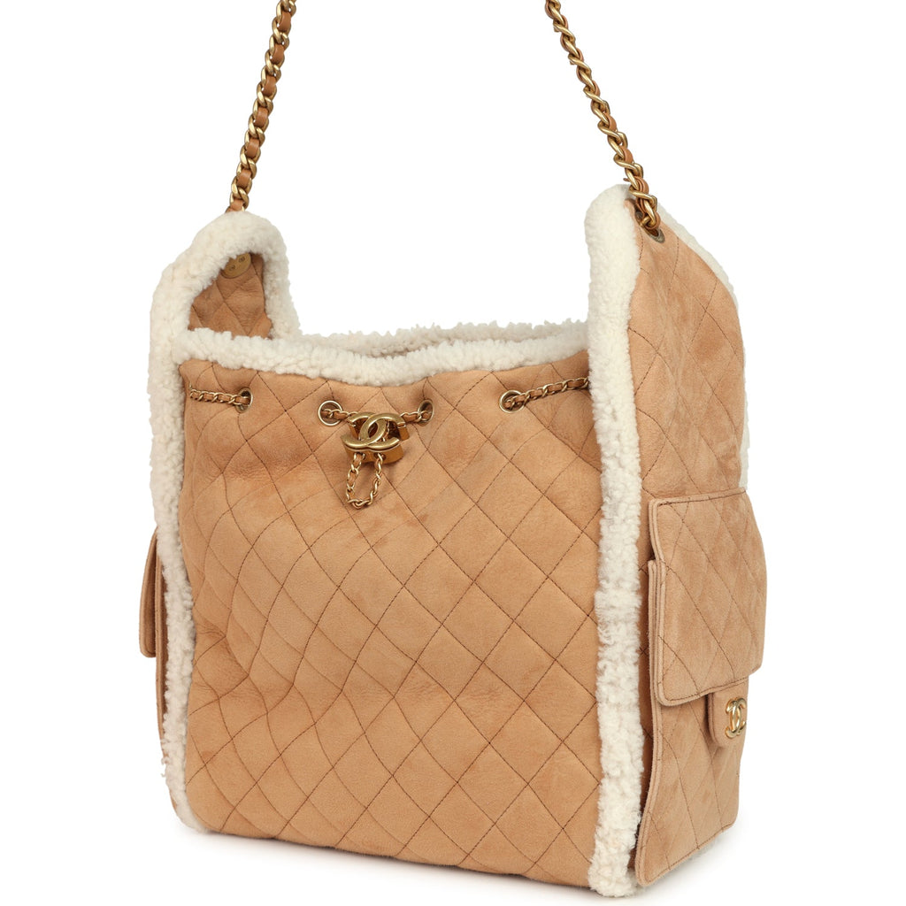 Medium 25 Hobo Bag Beige Suede and White Shearling Antique Gold Hardware
