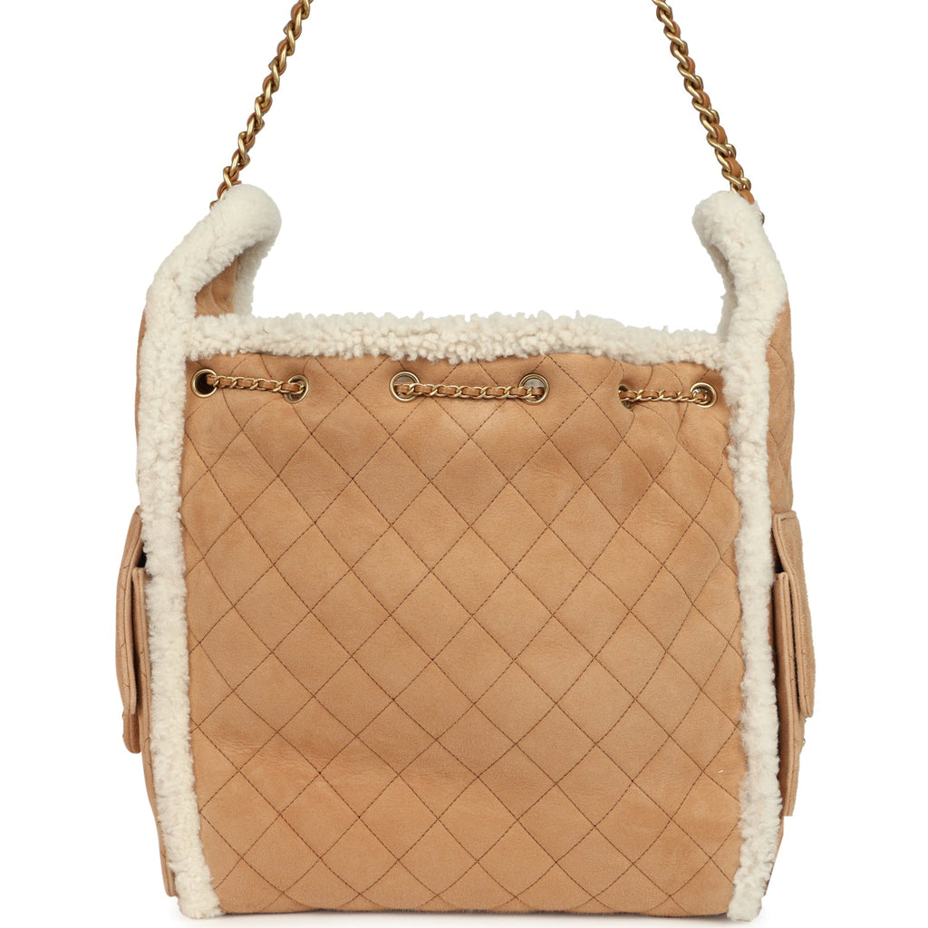 Medium 25 Hobo Bag Beige Suede and White Shearling Antique Gold Hardware