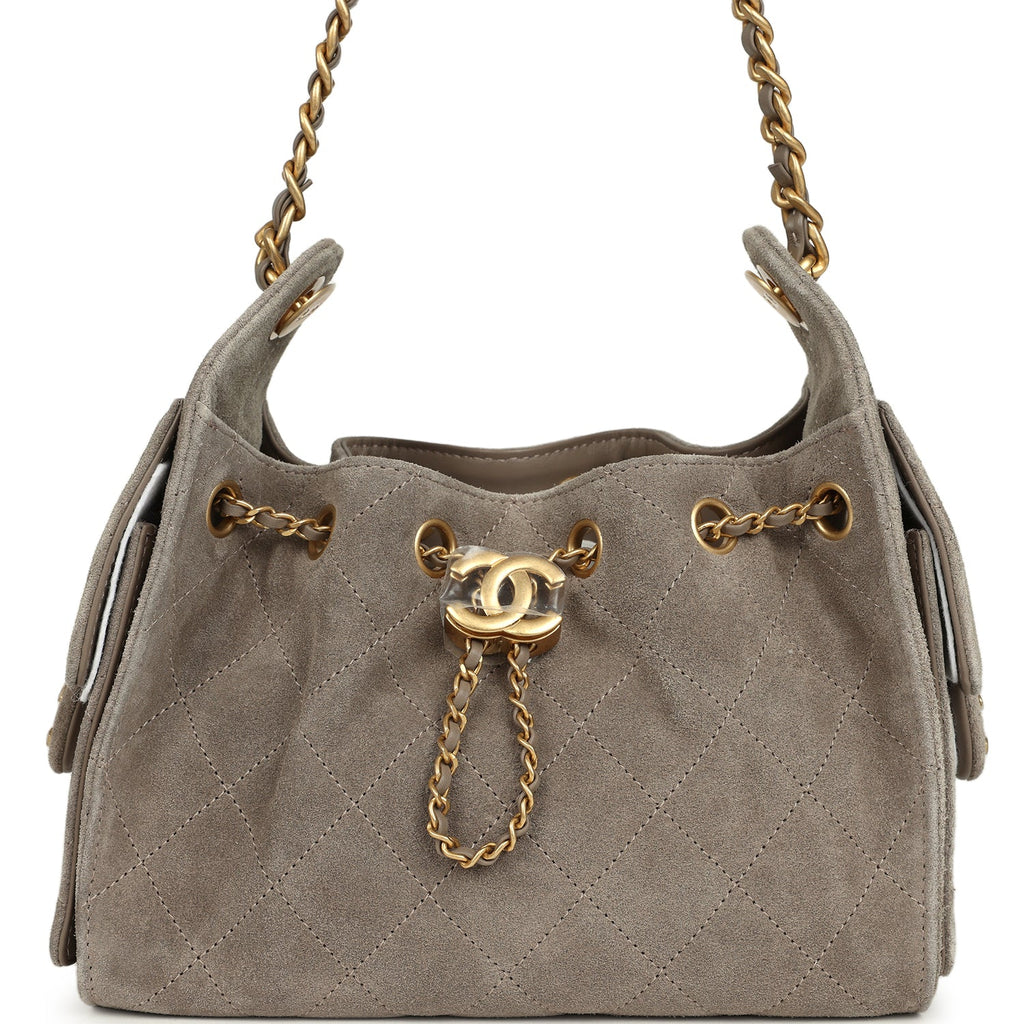 Mini 25 Hobo Bag Dark Grey Suede Antique Gold Hardware