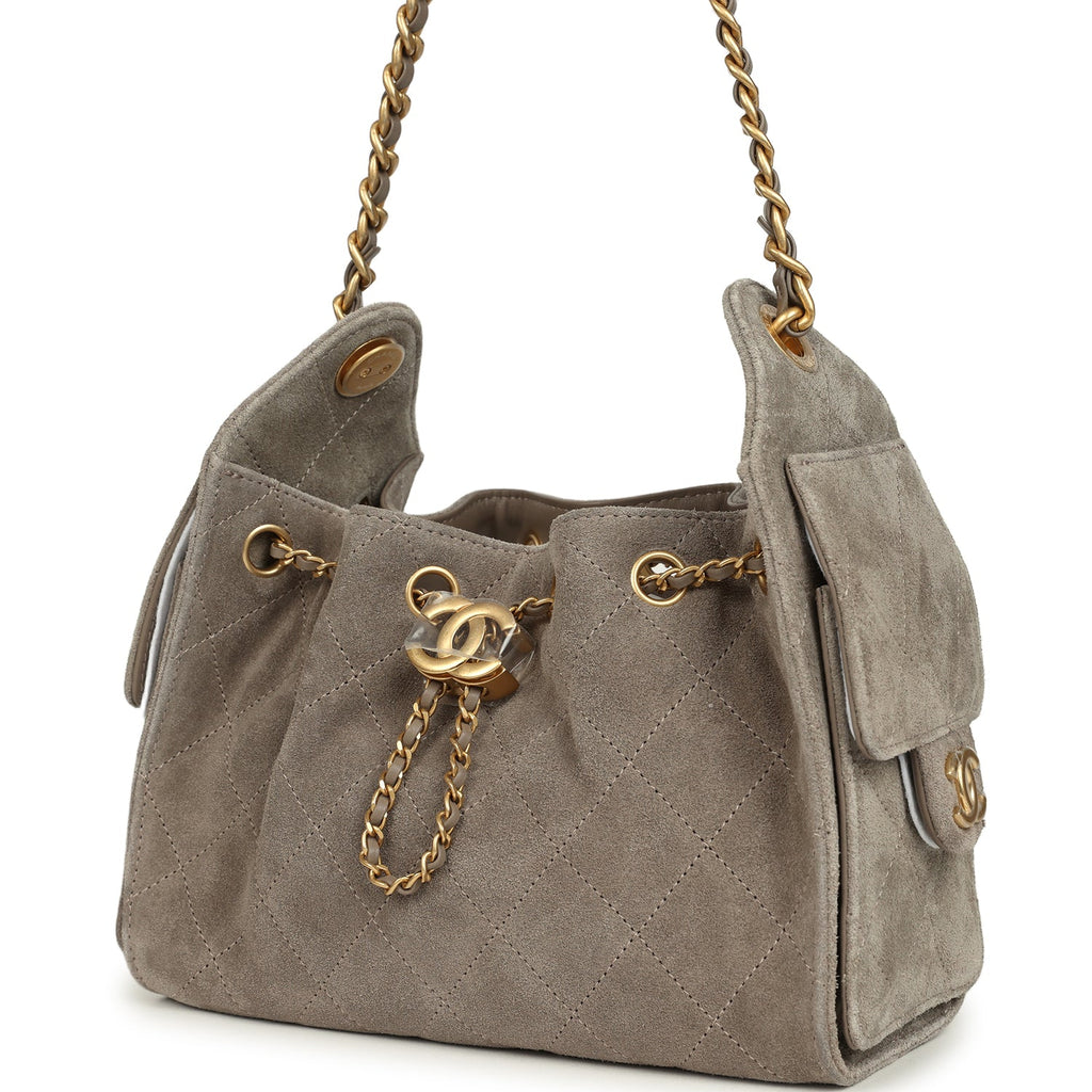 Mini 25 Hobo Bag Dark Grey Suede Antique Gold Hardware