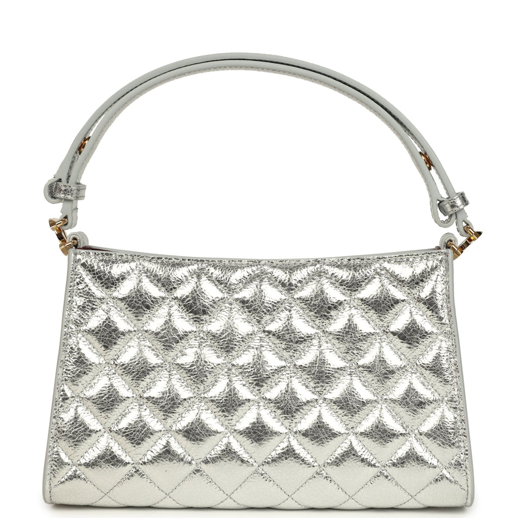 Small Quilted CC Shoulder Bag Metallic Silver Aged Calfskin Gold Hardware