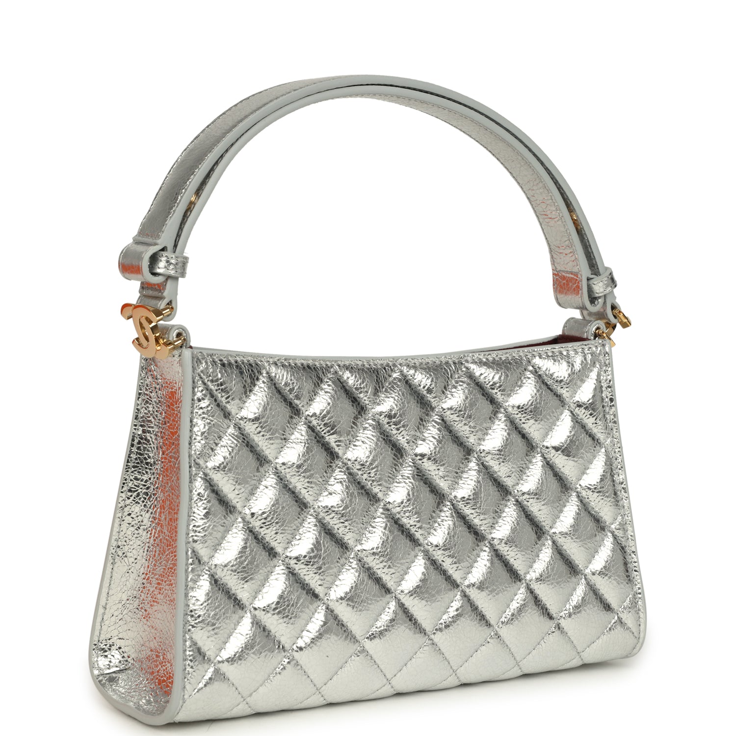 Small Quilted CC Shoulder Bag Metallic Silver Aged Calfskin Gold Hardware