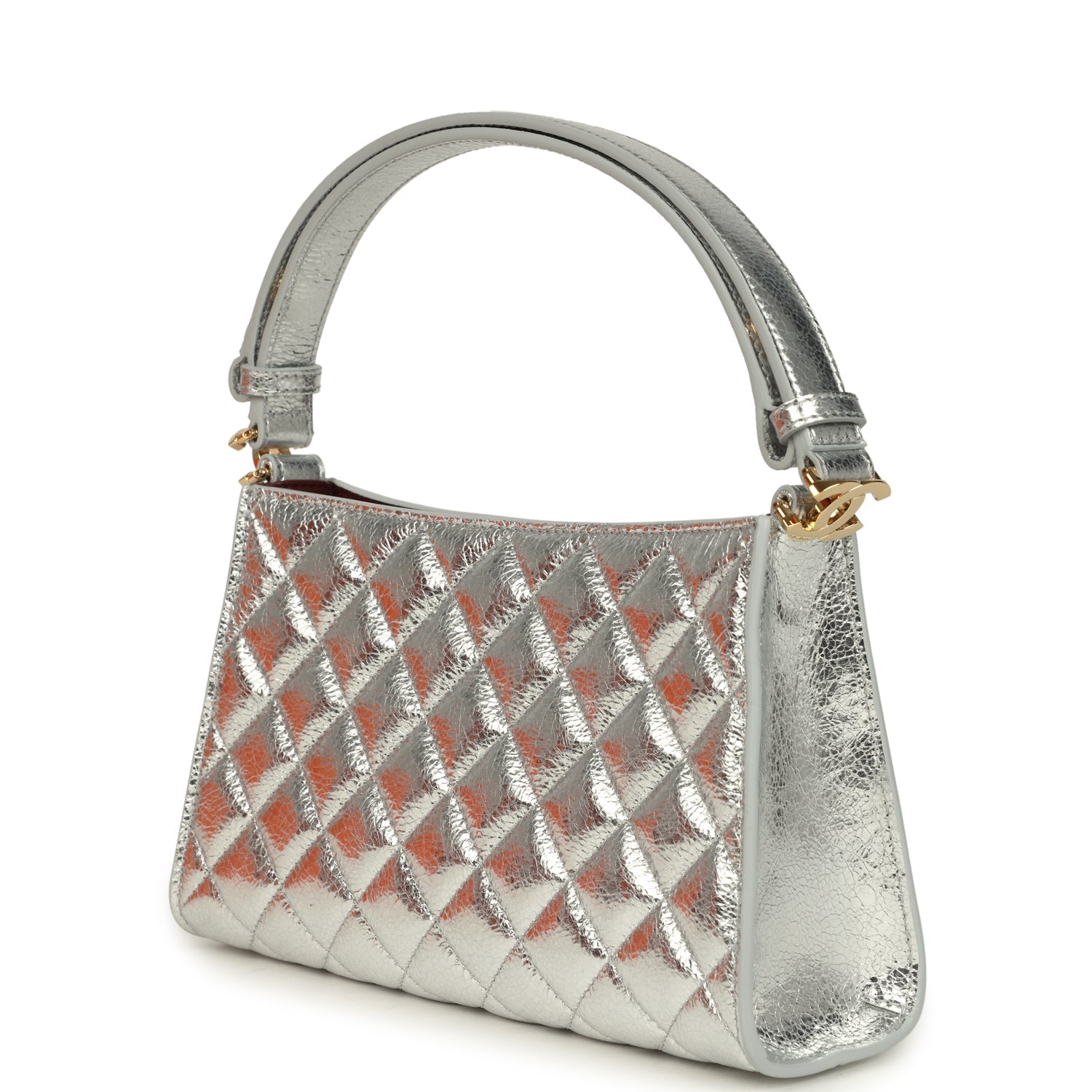 Small Quilted CC Shoulder Bag Metallic Silver Aged Calfskin Gold Hardware