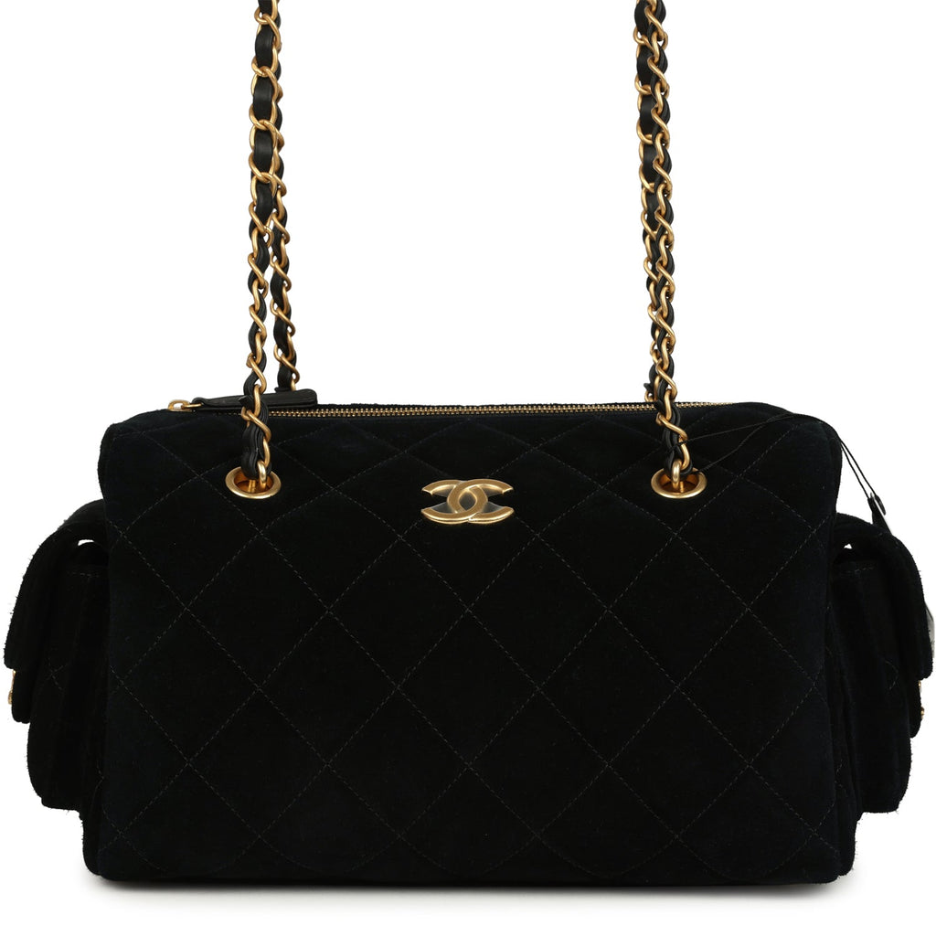 Small Bowling Bag Black Suede Antique Gold Hardware