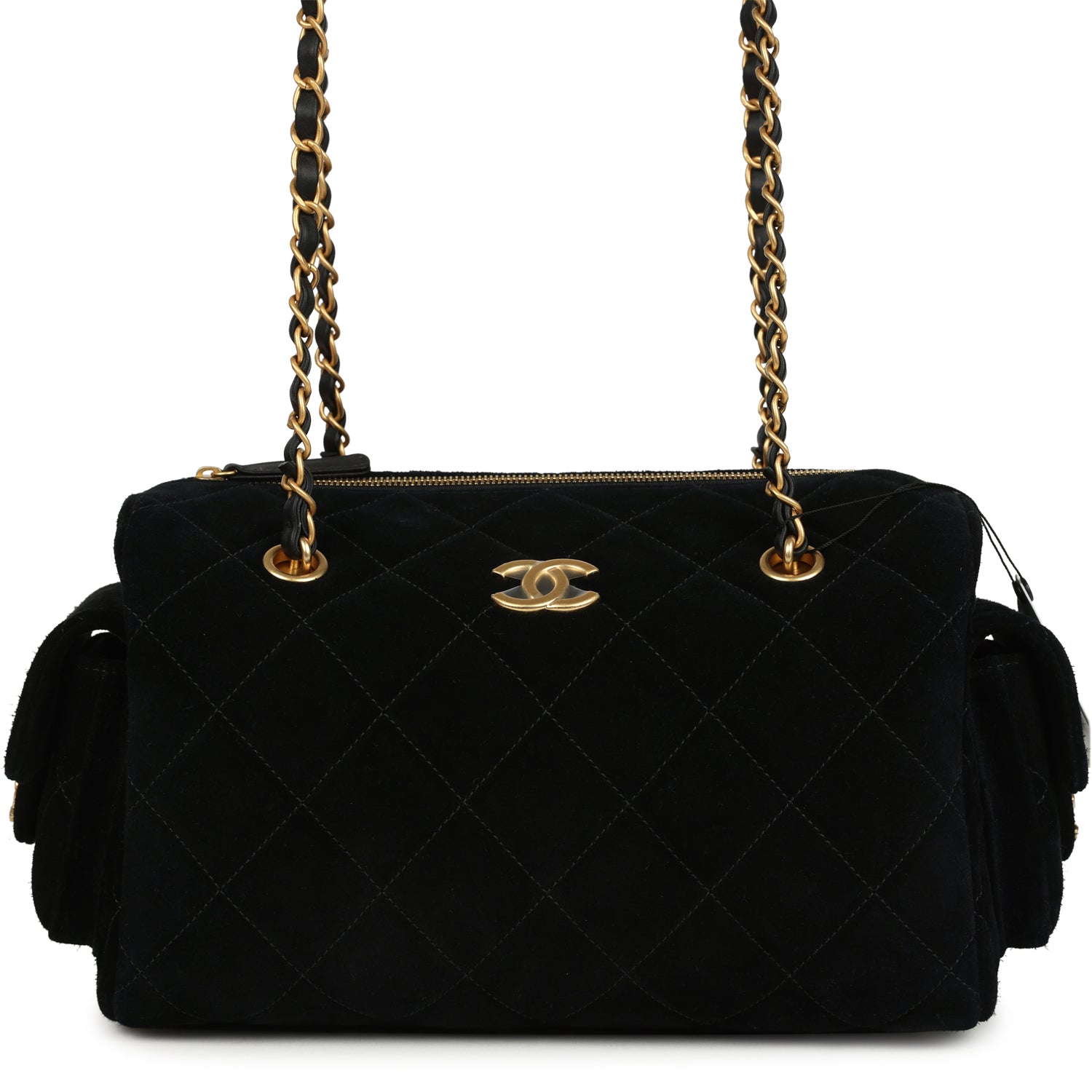 Small Bowling Bag Black Suede Antique Gold Hardware