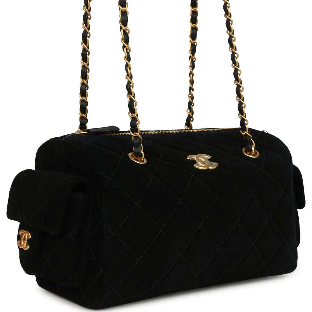 Small Bowling Bag Black Suede Antique Gold Hardware