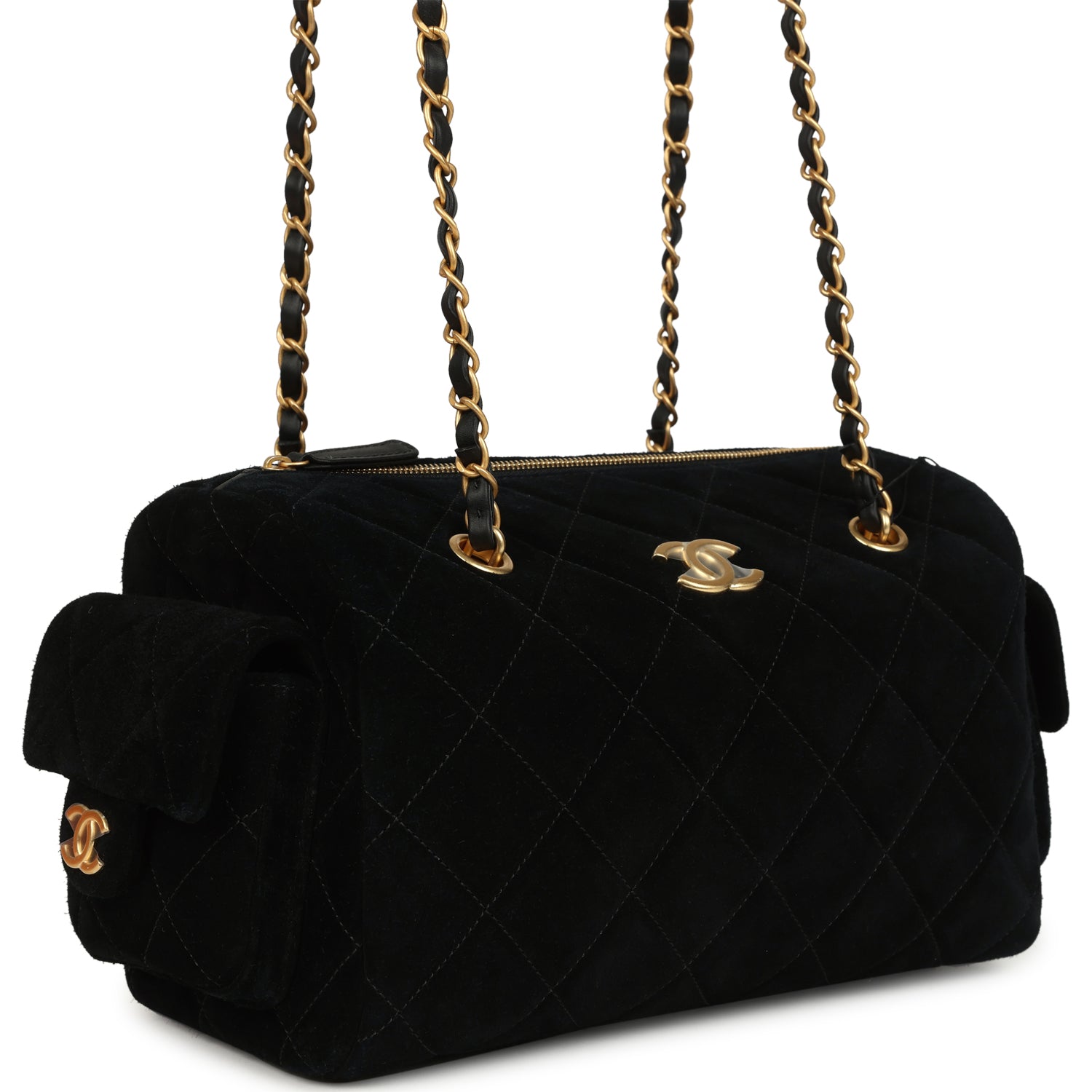 Small Bowling Bag Black Suede Antique Gold Hardware