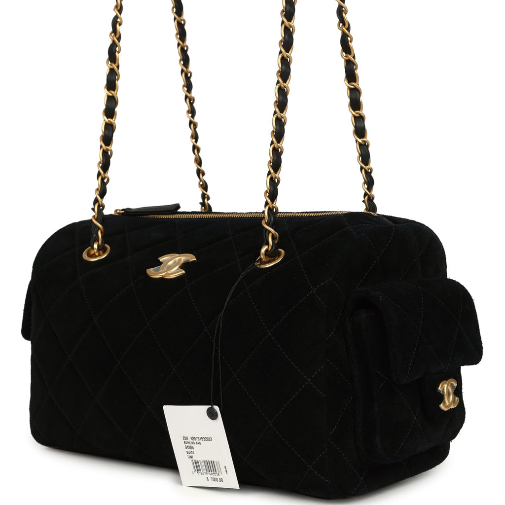 Small Bowling Bag Black Suede Antique Gold Hardware