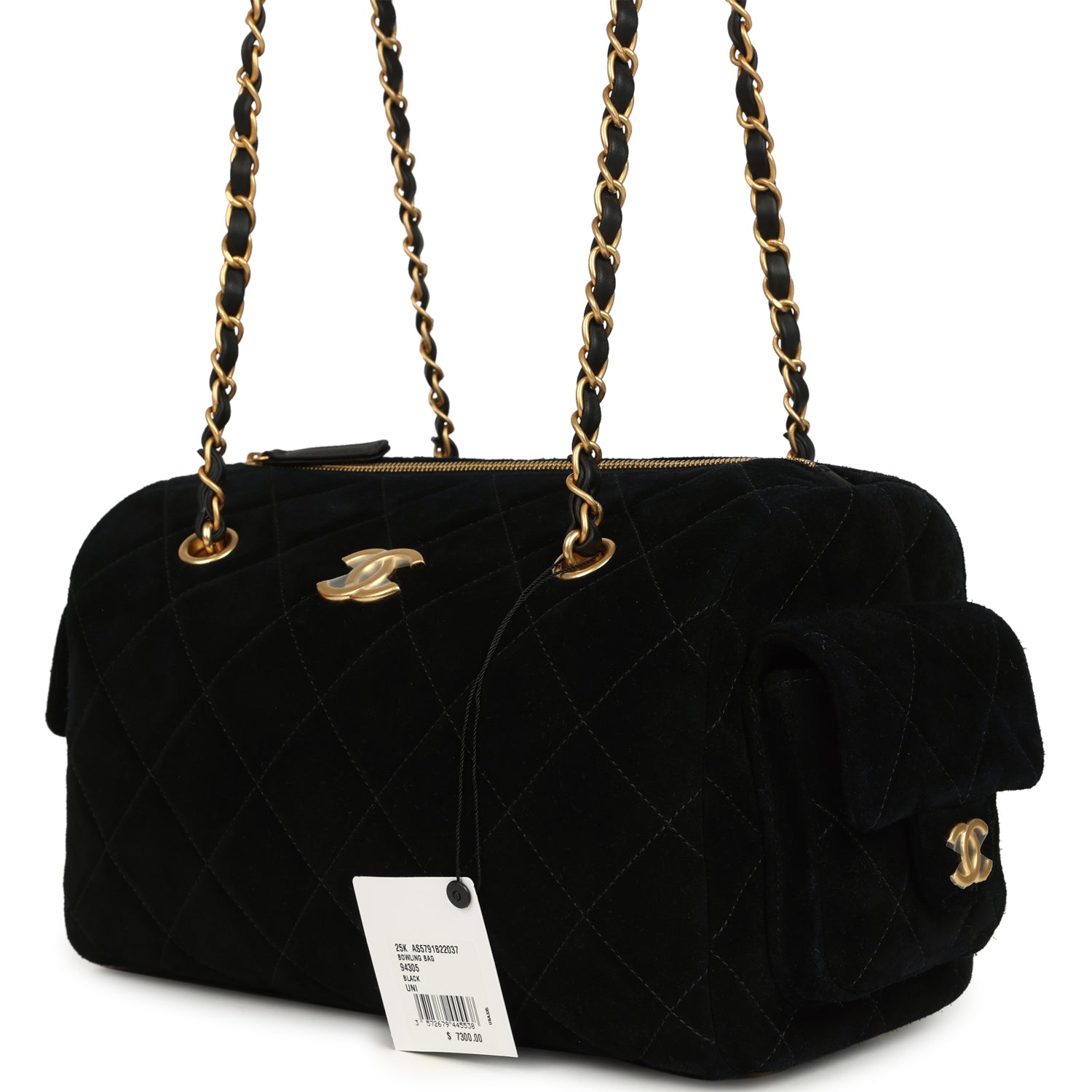 Small Bowling Bag Black Suede Antique Gold Hardware