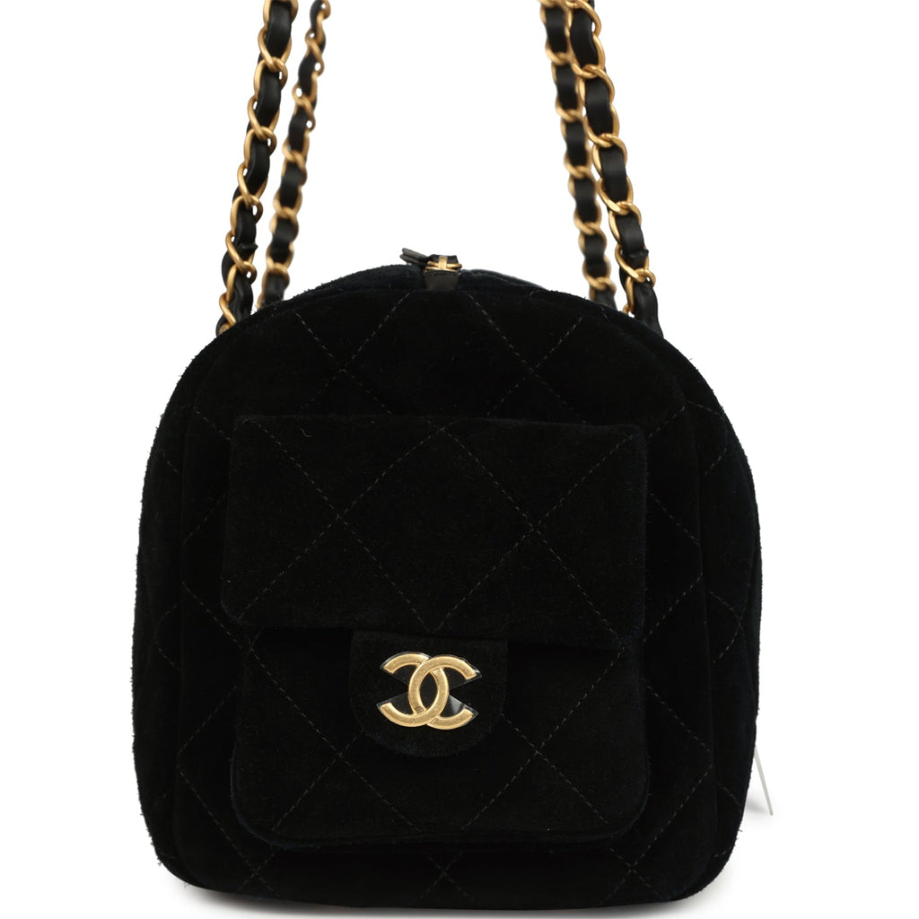 Small Bowling Bag Black Suede Antique Gold Hardware