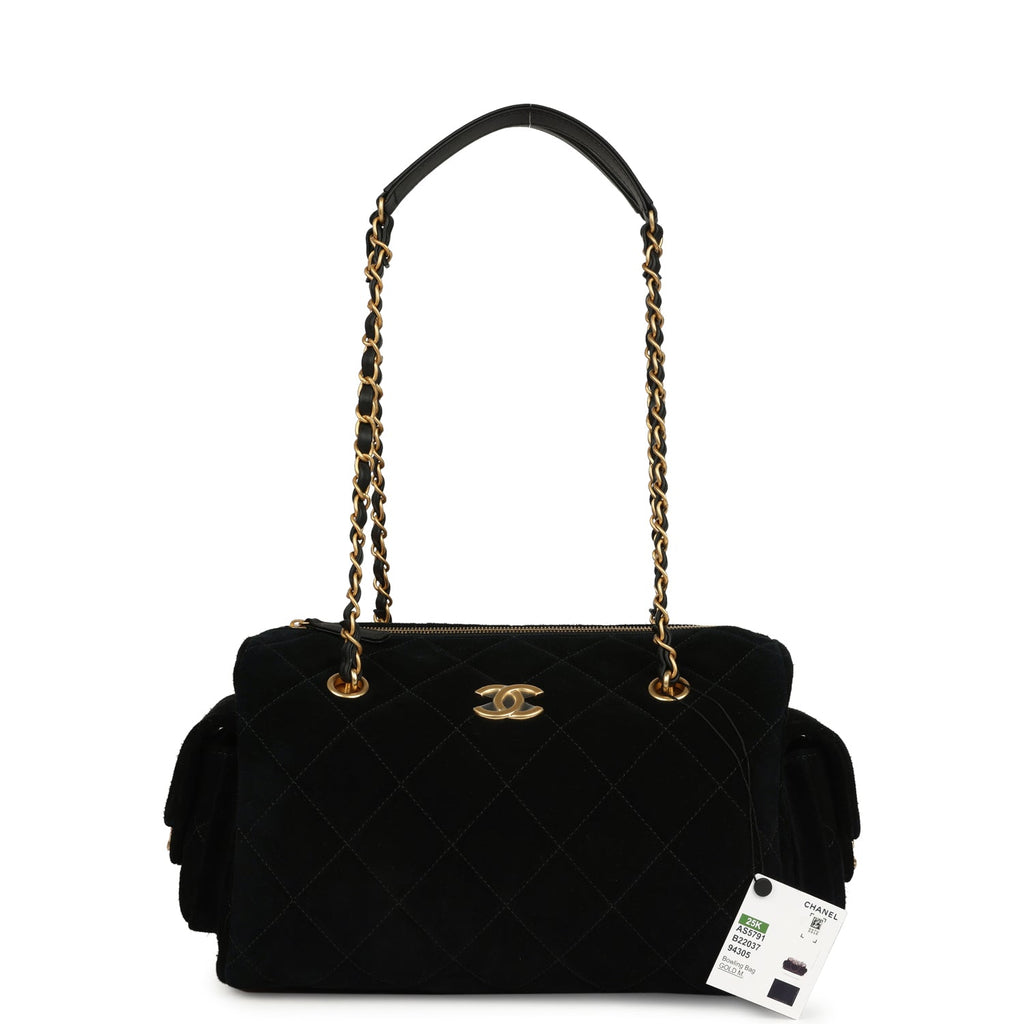 Small Bowling Bag Black Suede Antique Gold Hardware