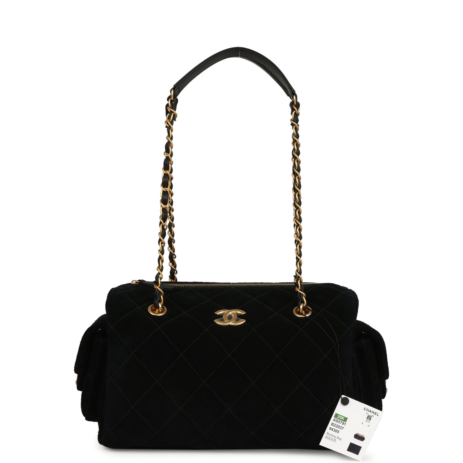 Small Bowling Bag Black Suede Antique Gold Hardware