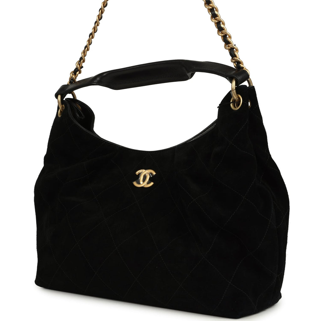 Maxi Hobo Bag Black Suede Antique Gold Hardware