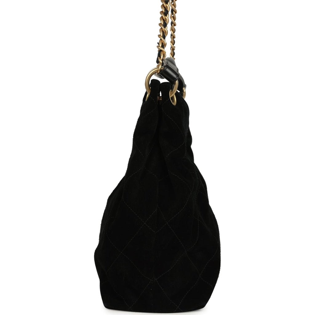 Maxi Hobo Bag Black Suede Antique Gold Hardware