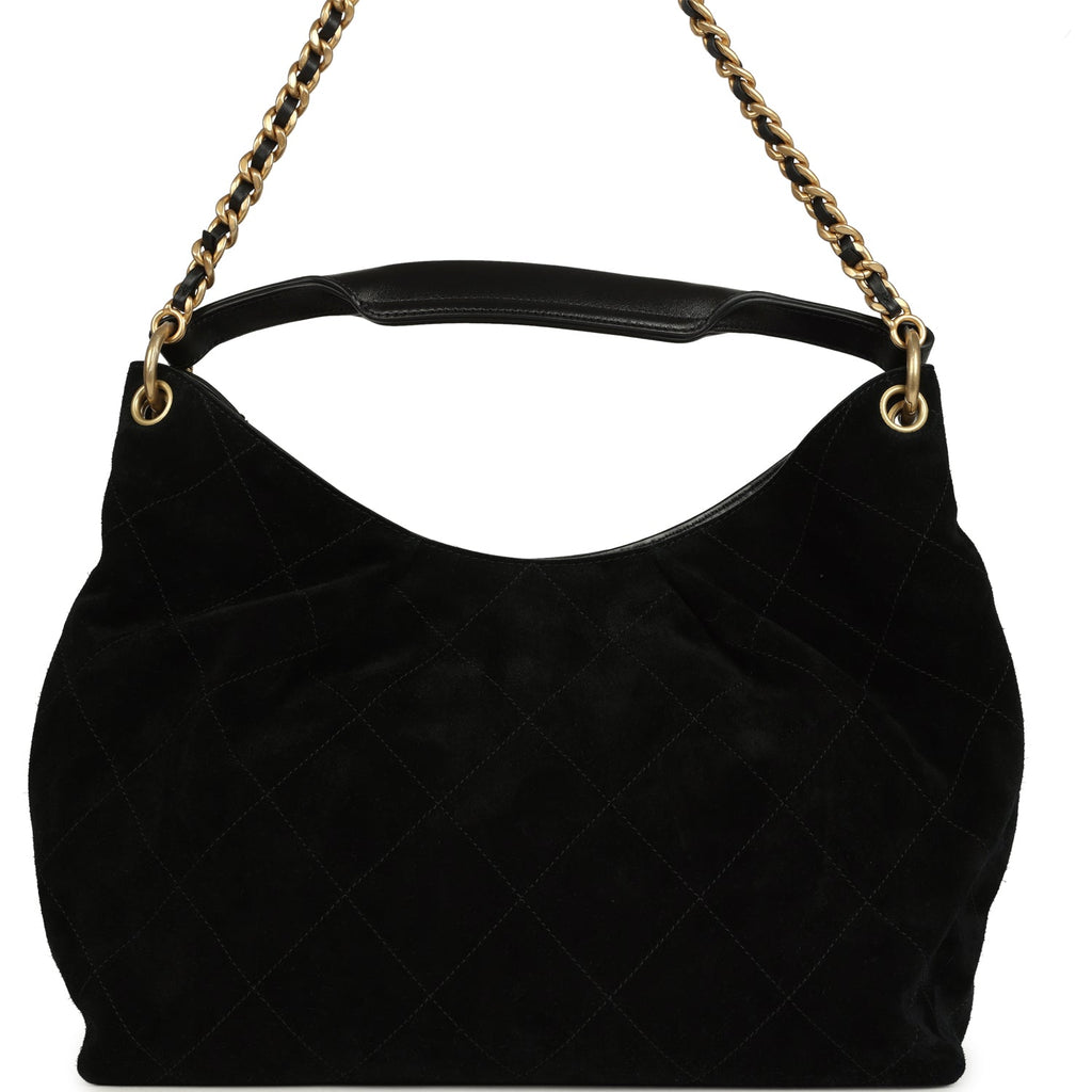 Maxi Hobo Bag Black Suede Antique Gold Hardware