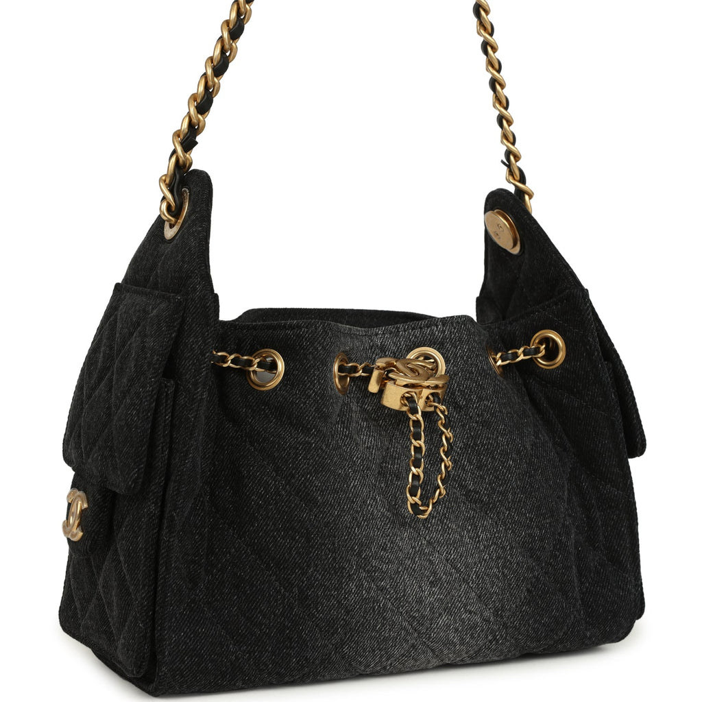 Mini 25 Hobo Bag Black Washed Denim Antique Gold Hardware