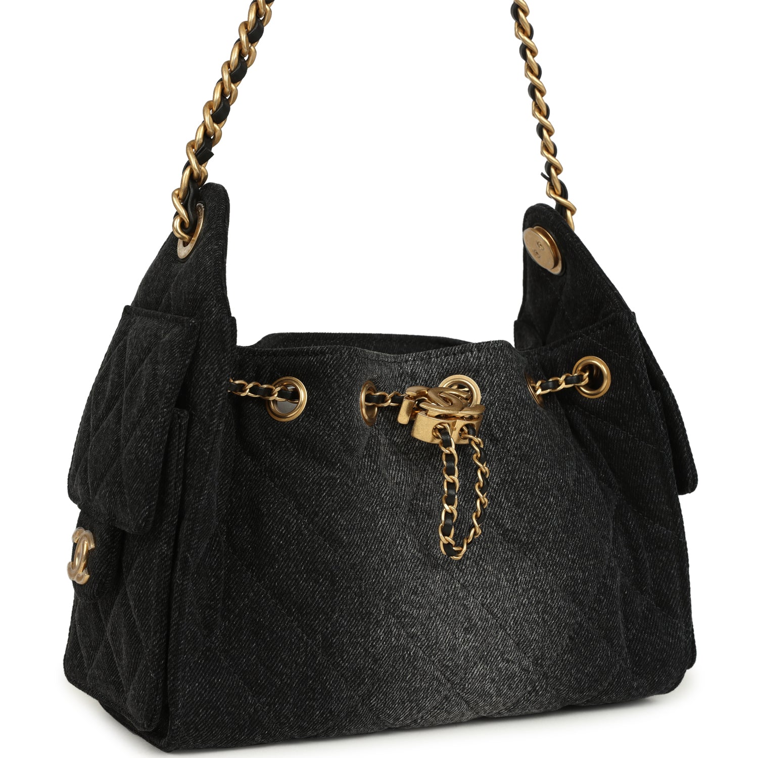 Mini 25 Hobo Bag Black Washed Denim Antique Gold Hardware