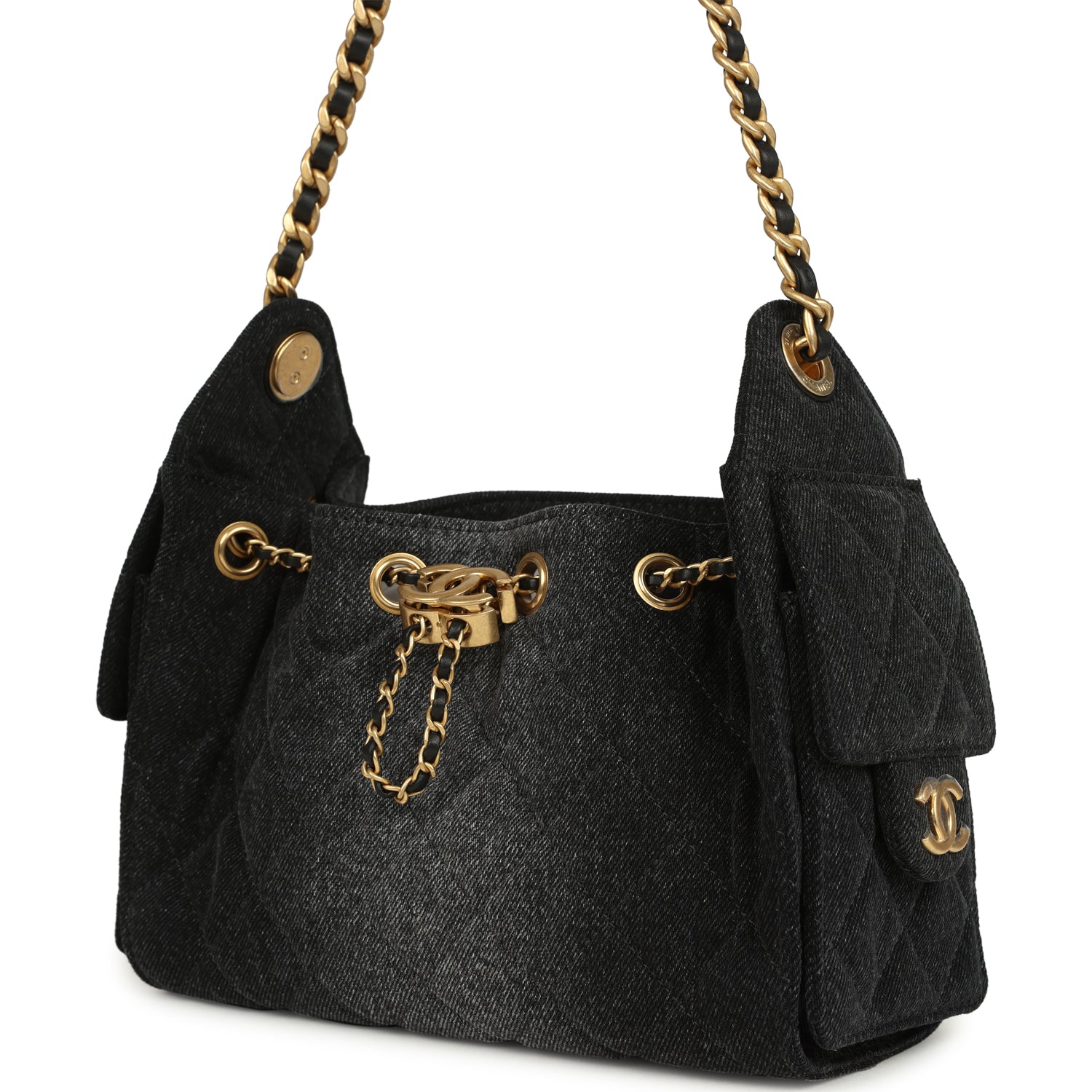 Mini 25 Hobo Bag Black Washed Denim Antique Gold Hardware
