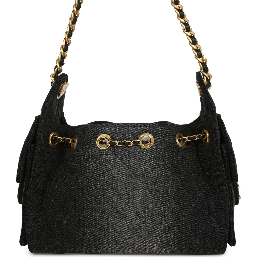 Mini 25 Hobo Bag Black Washed Denim Antique Gold Hardware