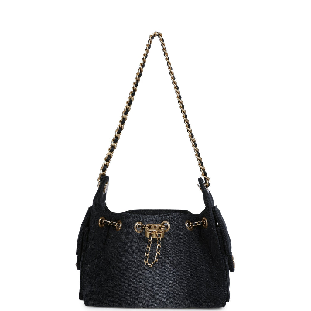 Mini 25 Hobo Bag Black Washed Denim Antique Gold Hardware